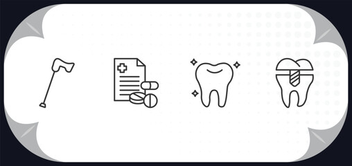 outline icons set - medical concept. walking stick, prescription, teeth, premolar.