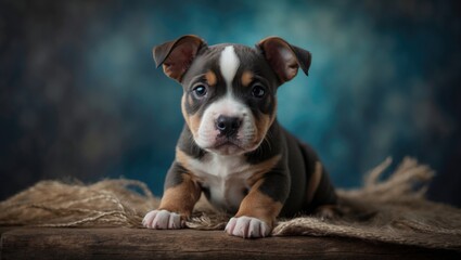 Bull Terrier puppy, 2 months old in a studio with a background shot.