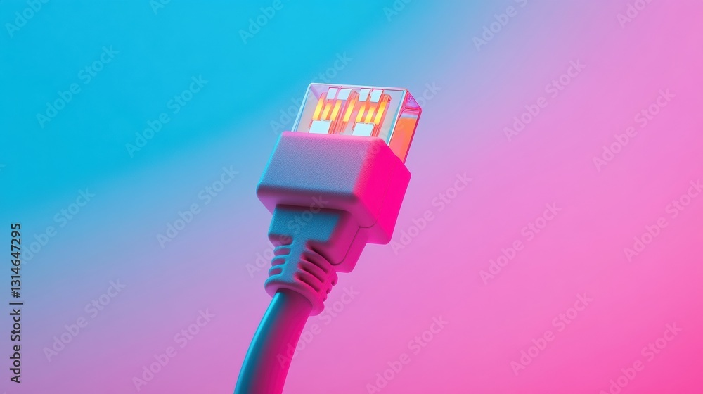 Fototapete network cable with internet icon shines against a soft gradient background, displaying network servi