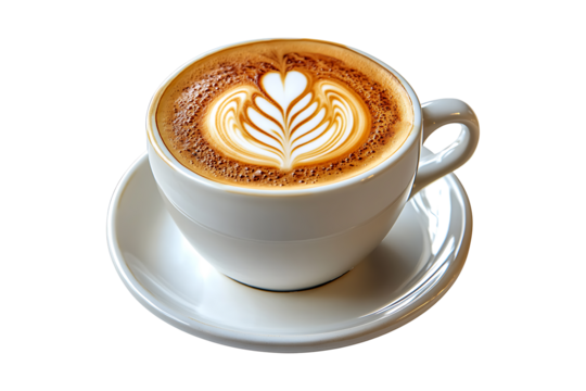 A creamy cappuccino topped with elegant latter Isolated on White and Transparent Background PNG Image.