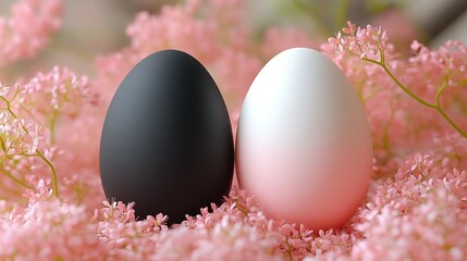 Easter eggs, pink flowers, spring, minimal
