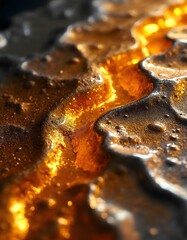 Abstract Metallic Liquid Surface with Golden Highlights and Textural Waves