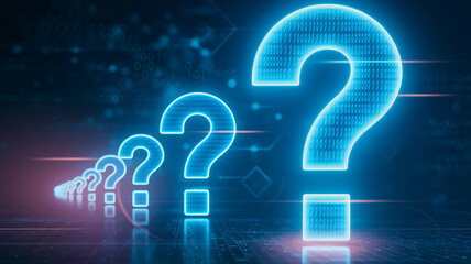 Glowing blue large question marks form a perspective line on a digital background, symbolizing inquiry, search, problem-solving, or data analysis