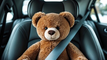 Updated title: "Brown teddy bear secured with seatbelt in a vehicle."