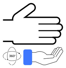 Outline of a hand gesture, palm forward for offering, paired with rotational arrows for 360-degree motion. Ideal for interaction, communication, accessibility, support, service, exchange initiative