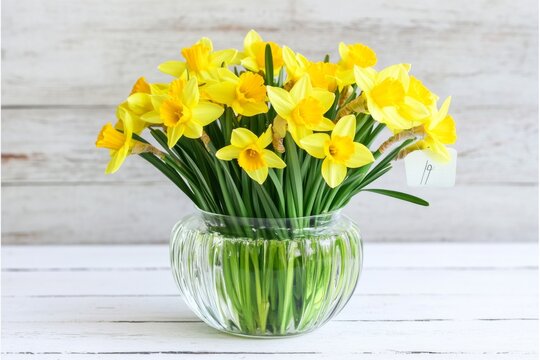 Bright yellow daffodils in glass vase on white surface with light blue background, full bloom arrangement