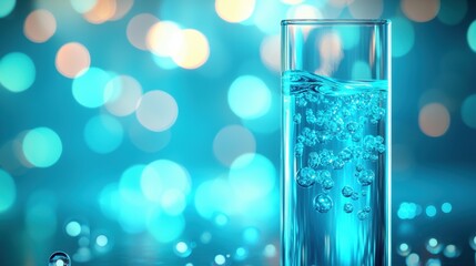 Close-up of Glowing Aquamarine Liquid in a Cylindrical Glass with Bokeh Background