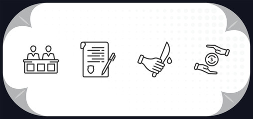 outline icons set - law and justice concept. jury, contract law, murder, property and finance.