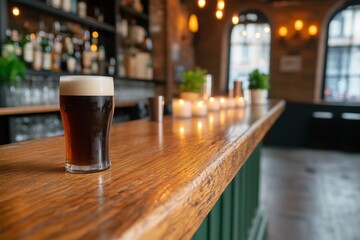 Pints of Dark Beer on Wooden Bar Counter