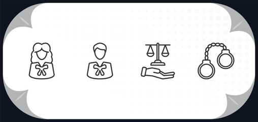 outline icons set - law and justice concept. attorney, advocate, justice scales in hand, criminal.