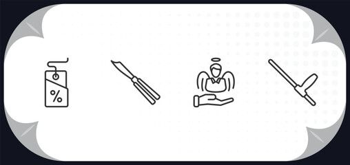 outline icons set - law and justice concept. bargain, butterfly knife, innocent, baton.