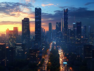 Fototapeta premium Futuristic city skyline illuminated at twilight with smart technology and vibrant life bustling below. Generative AI