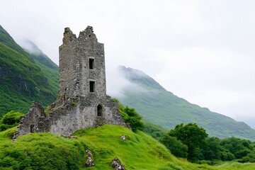 Ancient Castle Ruins in a Green Mountain Landscape