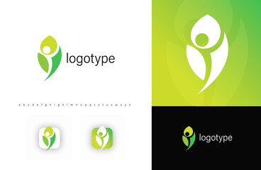 Abstract leaf and human figure logo in green tones, symbolizing nature, wellness, sustainability. Ideal for eco-friendly brands, health businesses, organic products, holistic wellness. Vector logo