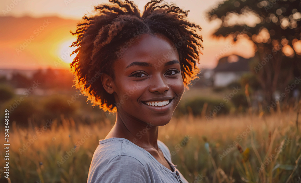 Poster woman with curly hair is smiling in a field with a sunset in the background. scene is happy and peac