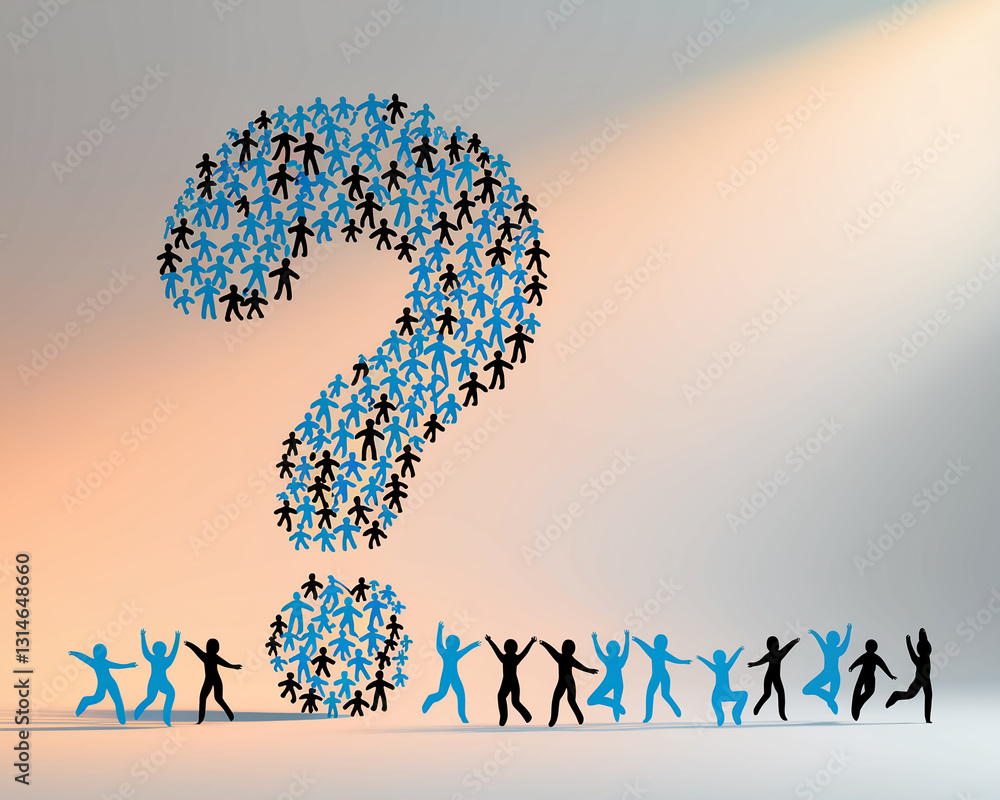 Poster Blue and black figures forming a large question mark, symbolizing uncertainty, questions, or group decision-making.  A line of figures below represents a community or choices. Free space for text
