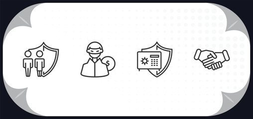 outline icons set - insurance concept. family insurance, robbery, bank safe, shake hands.