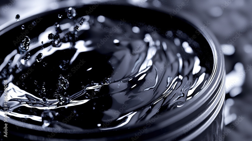 Poster close-up of glossy black liquid in a cylindrical container with droplets and ripples on surface