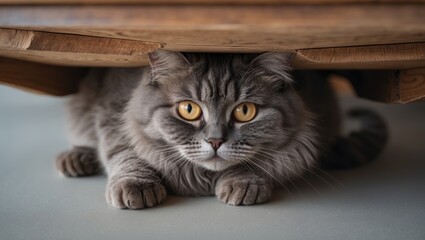 Obraz premium British shorthair cat concealed beneath the table.