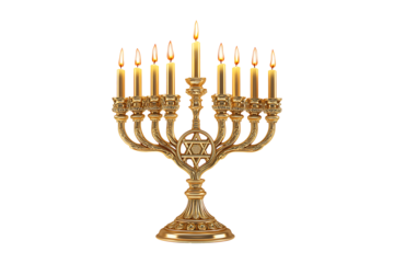 A golden menorah with lit candles featuring Isolated on White and Transparent Background PNG Image.