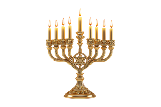 A golden menorah with lit candles featuring Isolated on White and Transparent Background PNG Image.