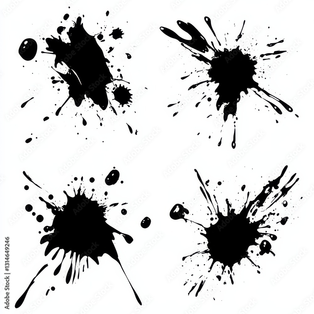 Poster Abstract Black Ink Splatters on White Background - Artistic Splashes and Drips in Creative Design