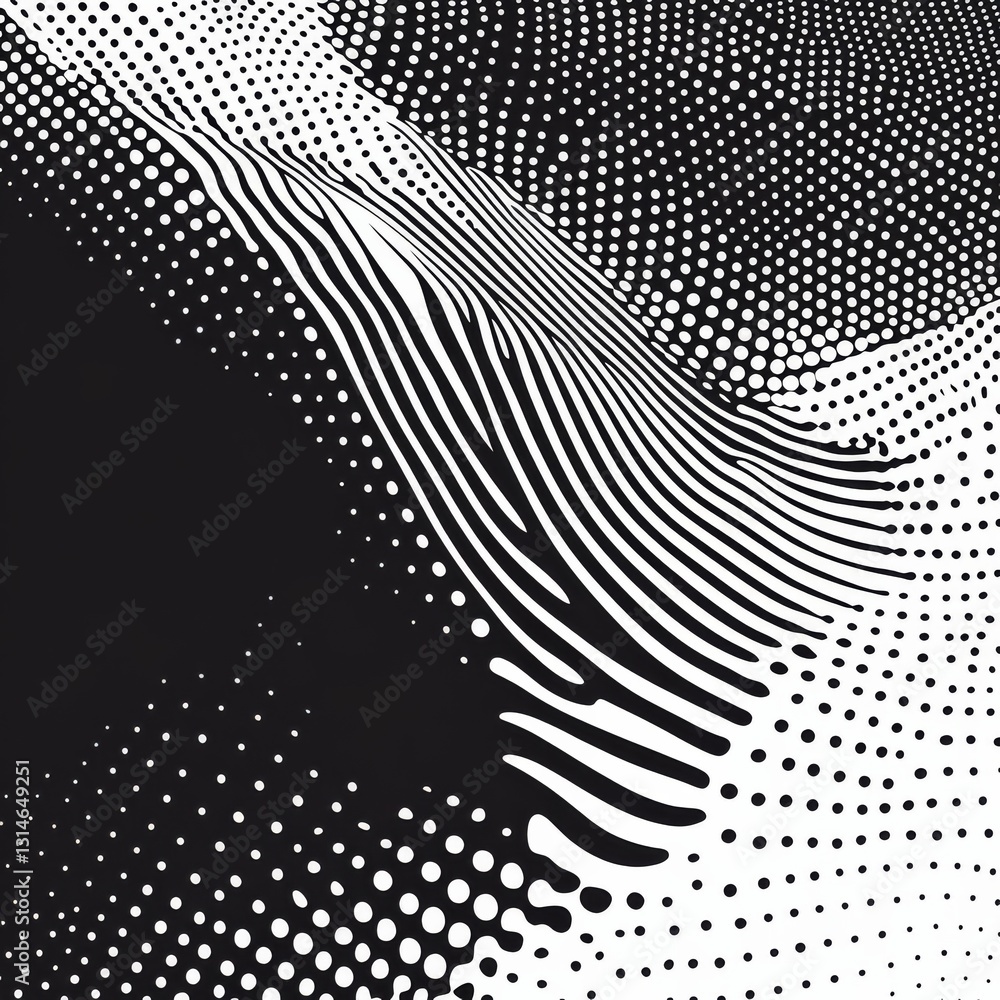 Leinwandbilder Abstract Black and White Pattern: A dynamic design featuring flowing lines and halftone dots, creating a visually striking and modern effect.