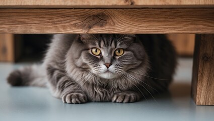 British shorthair cat concealed beneath the table.