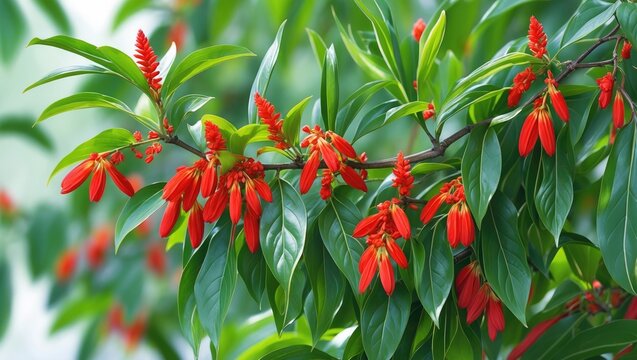 Blooming bright red young flower on a branch with green leaves.