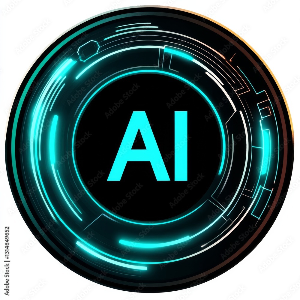 Aufkleber AI Tech Ring: Futuristic Artificial Intelligence Interface Design with Glowing Neon Elements and Data Circuitry
