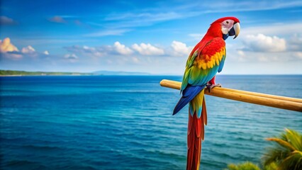 Vibrant Scarlet Macaw Perched on a Wooden Rail Overlooking a Serene Ocean Landscape Under a Summer Sky