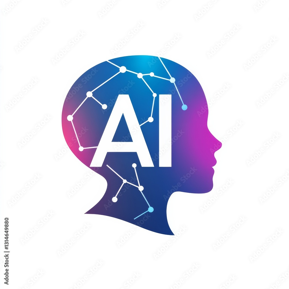 Aufkleber Artificial Intelligence Concept: Silhouette of Human Head with AI Text and Network Connections