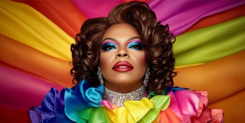 Obraz premium Colorful and Dramatic Portrait: Woman in Rainbow Wig with Bold Makeup and Rainbow Outfit in Vibrant Setting