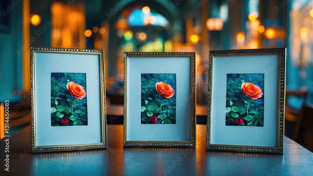 Poster three empty photo frames on a table
