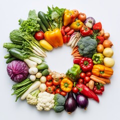A Vibrant Wreath of Fresh Vegetables and Fruits: A Colorful and Healthy Bounty of Nature's Best Harvest on a White Background