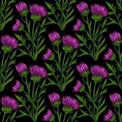 A seamless watercolor Thistle floral pattern featuring vibrant purple flowers with green stems and leaves on a black background.