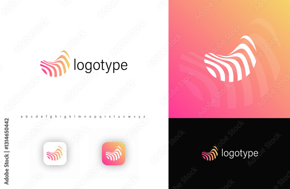 Poster abstract wavy stripe logo with dynamic flowing effect. represents movement, innovation, digital iden