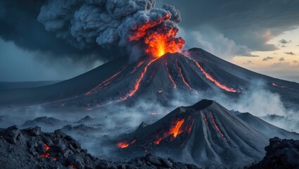 Volcanic eruption, ash flow, and devastation