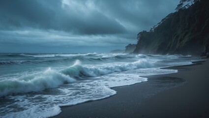 Stunning view of the shoreline being approached by mesmerizing ocean waves.