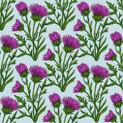 A seamless watercolor Thistle floral pattern featuring vibrant purple flowers with green stems and leaves on a pastel blue background.