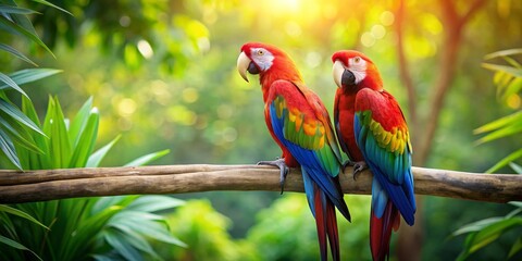Obraz premium Two vibrant scarlet macaws perched on a branch amidst lush, green foliage, bathed in sunlight