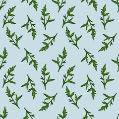 A watercolor seamless pattern featuring green leaves are intricately designed, showcasing various on a pastel blue background.
