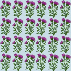 A watercolor seamless pattern featuring vibrant purple thistle flowers with green stems and leaves, arranged in a grid format on a pastel blue background.