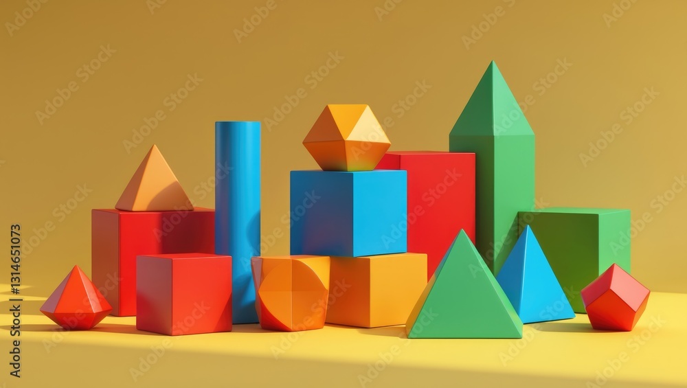 Fototapete set of vibrant geometric cubes or block toys on a yellow backdrop featuring copy space. abstract des