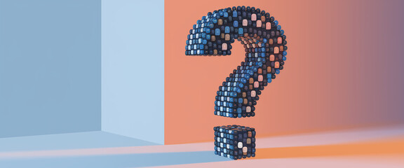 Large question mark formed from small, multicolored cubes against a blue and orange background, symbolizing uncertainty, inquiry, or problem-solving, ideal for abstract concepts or presentations