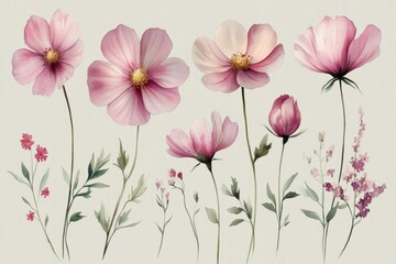 Watercolor floral composition featuring delicate pink cosmos flowers and foliage on a soft beige background, creating a serene and artistic botanical illustration