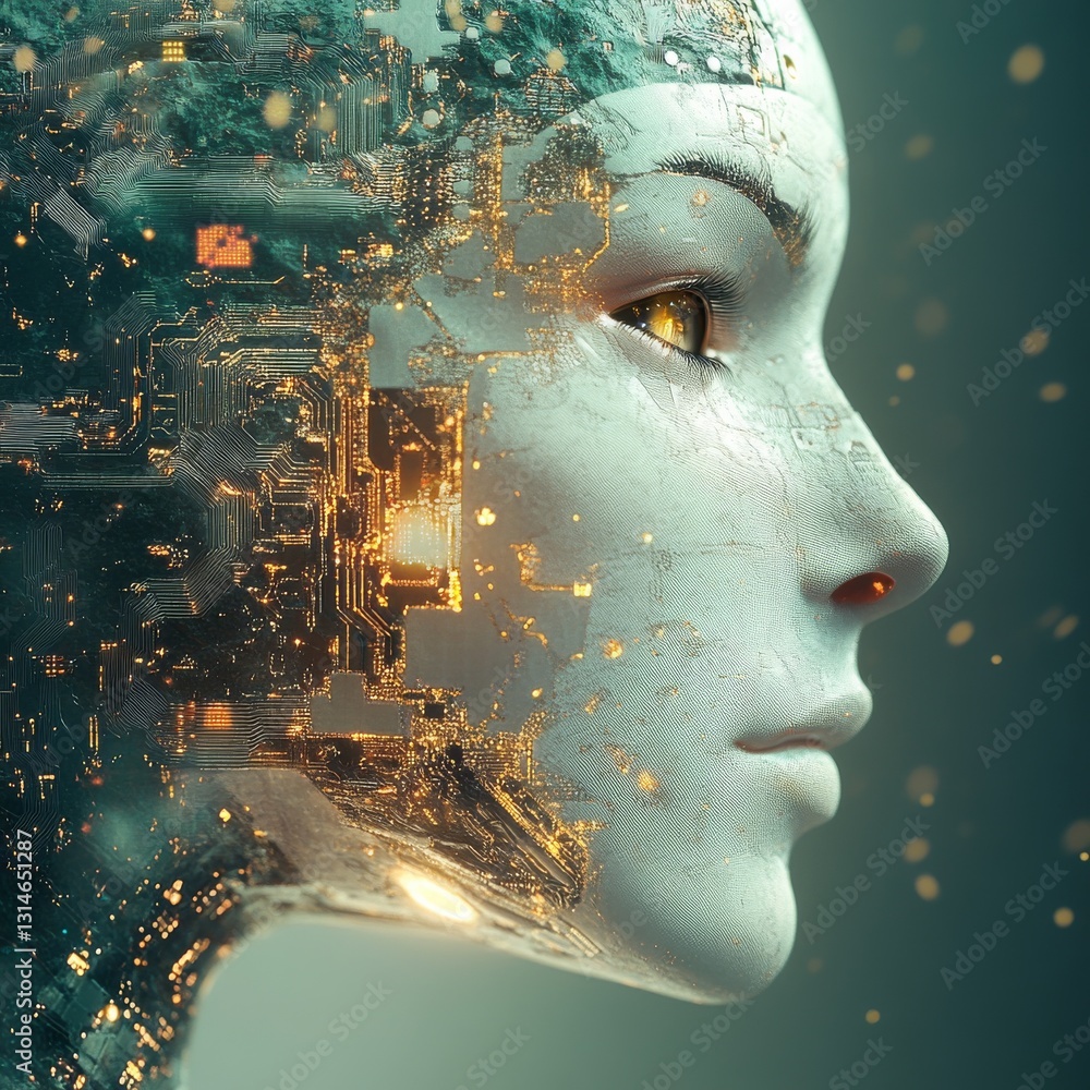 Poster cyborg portrait: digital mind, human form - a glimpse into the future of artificial intelligence and