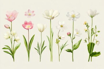 Elegant botanical illustration featuring delicate pink and white flowers on a soft neutral background in watercolor style