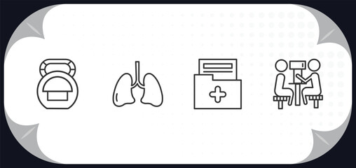 outline icons set - health and medical concept. kettlebell, lung, medical result, optometrist.