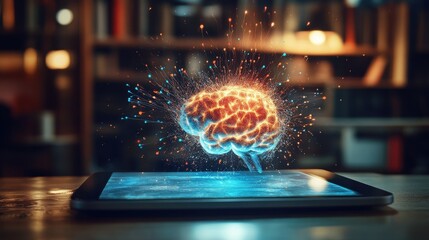 A modern creativity explosion with an illuminated tablet and visionary thinking concept